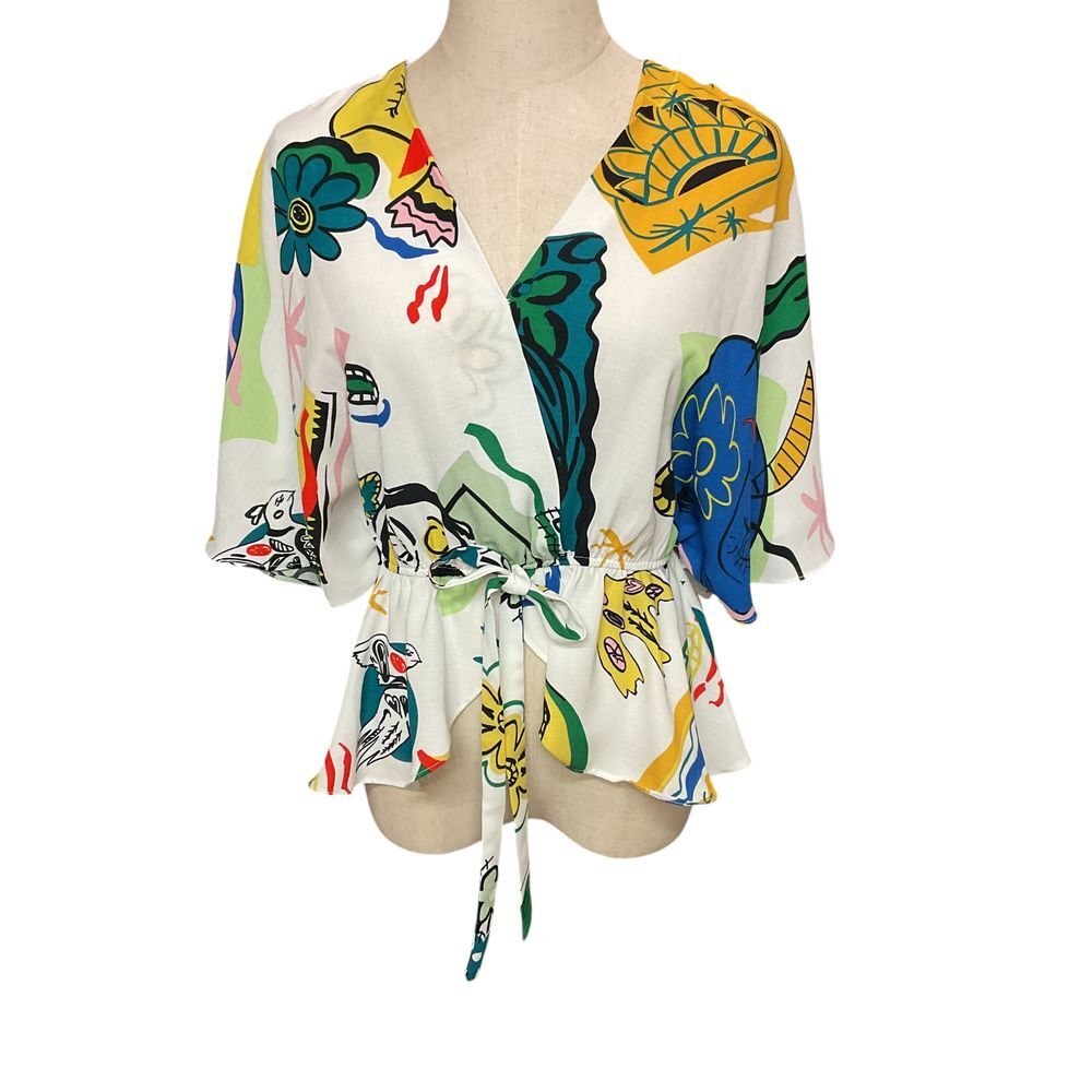 Sweet Rain Women's‎ Abstract Print Wrap Blouse S White Kimono Sleeve Summer